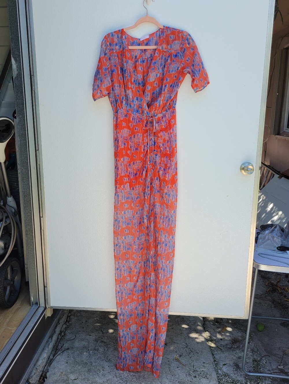 Eywasouls Malibu Size M/S Orange & Lavender Floral Maxi Dress.